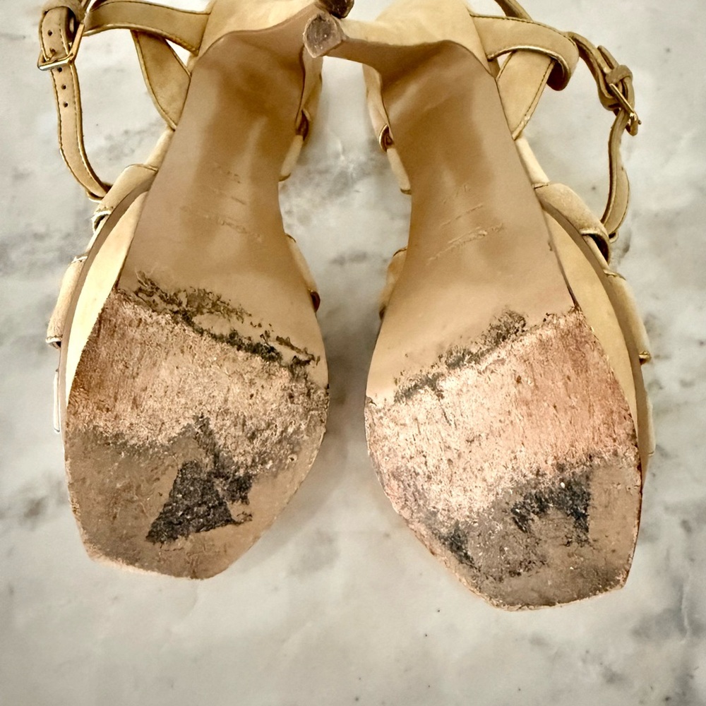 Yves Saint Laurent YSL Tribute Beige Tan Suede Gold Trim Platform Heels 37.5 - Picture 16 of 16